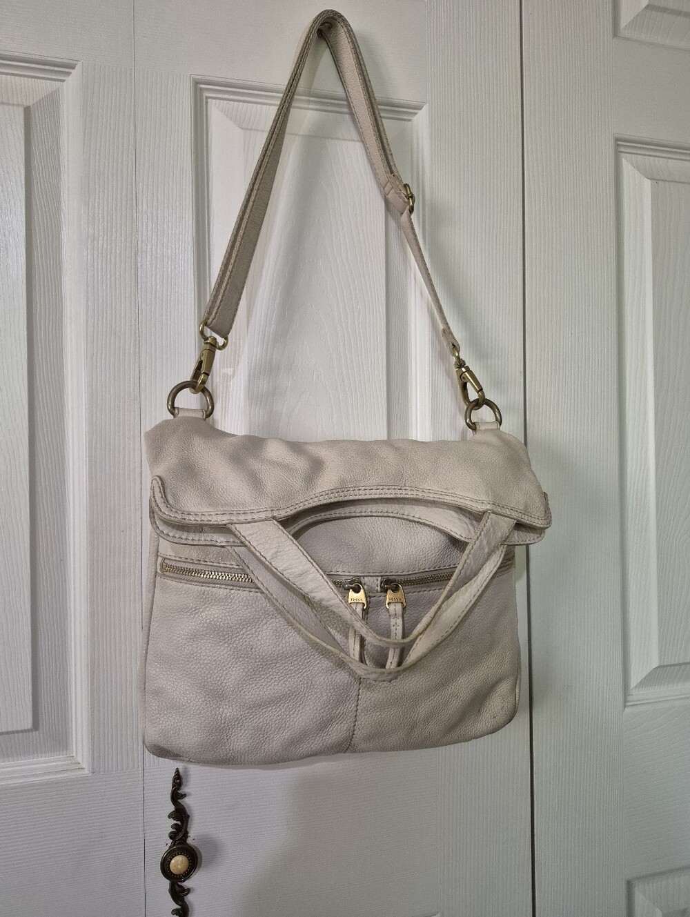 Fossil Erin foldover Shoulder bag in cream pebbled cowhide leather